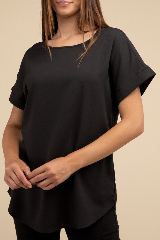 Woven Heavy Dobby Rolled Sleeve Boat Neck Top - Nexusni