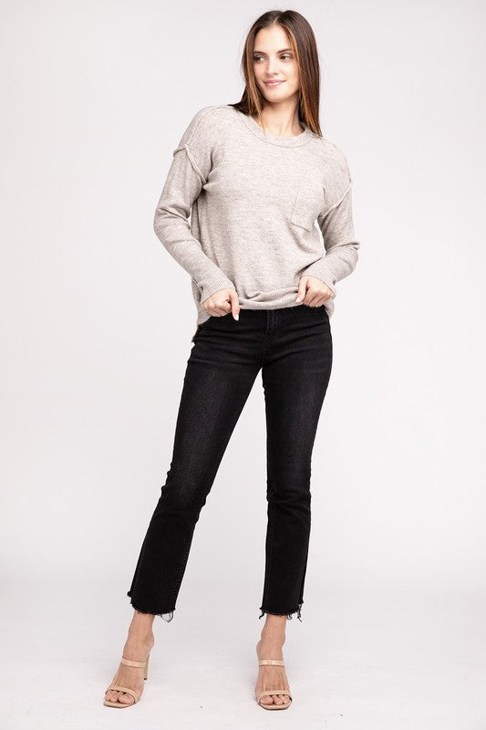 Melange Hi-Low Hem Round Neck Sweater - Nexusni