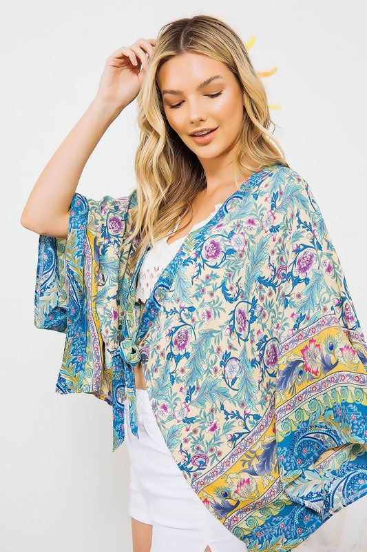 LIGHT WOVEN SQUARED OPEN KIMONO CARDIGAN WITH TIE - Nexusni