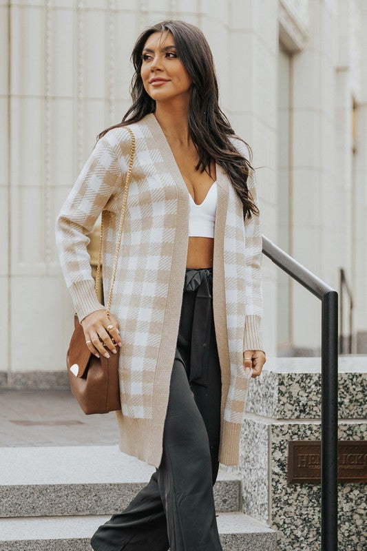 Khaki Plaid Women’s Long Open Front Cardigan - Nexusni