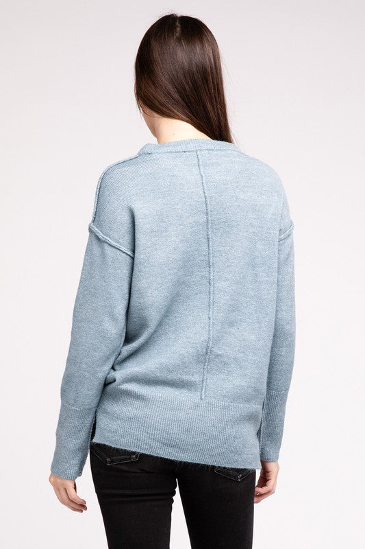 Melange Hi-Low Hem Round Neck Sweater - Nexusni