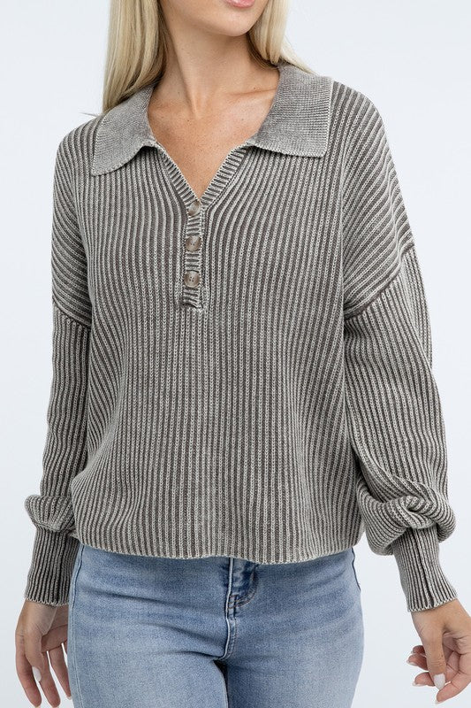 Washed Collared Henley Sweater - Nexusni