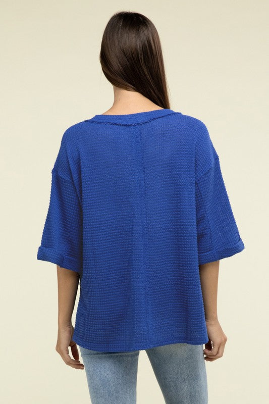 Brushed Waffle Exposed-Seam 3/4 Sleeve Top - Nexusni