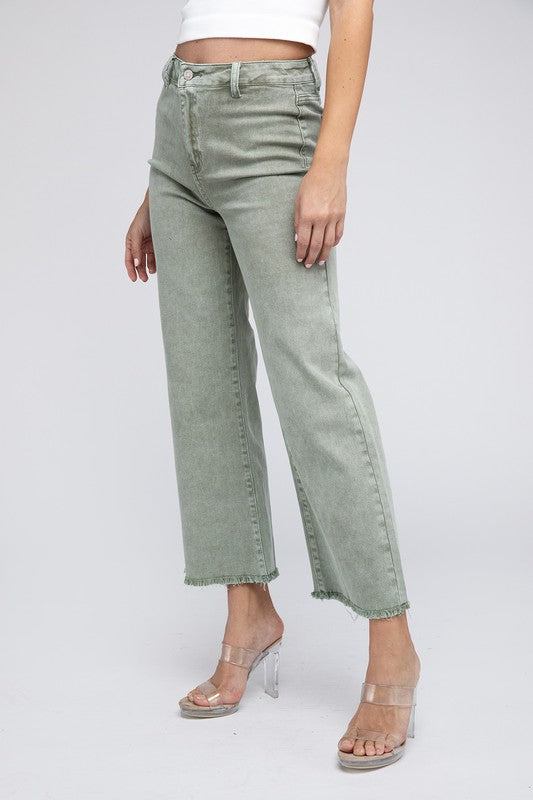 Acid Wash Frayed Cutoff Hem Straight Wide Pants - Nexusni