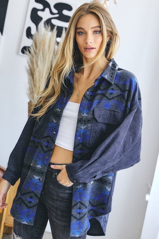 Printed Button Down Long Sleeve Jacket - Nexusni