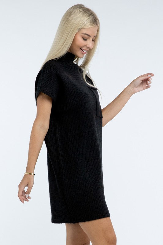 Mock Neck Short Sleeve Sweater Dress with Pocket - Nexusni