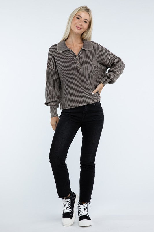 Washed Collared Henley Sweater - Nexusni