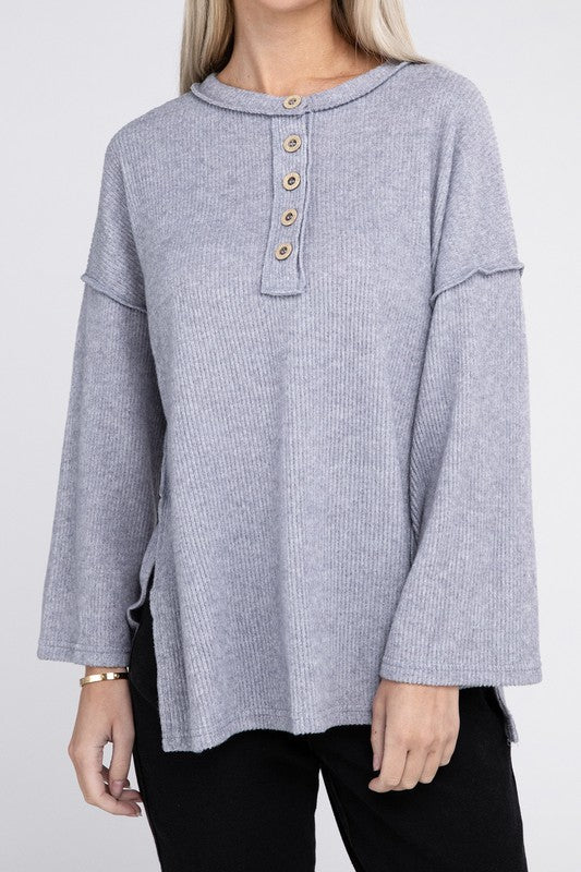 Ribbed Brushed Melange Hacci Henley Sweater - Nexusni