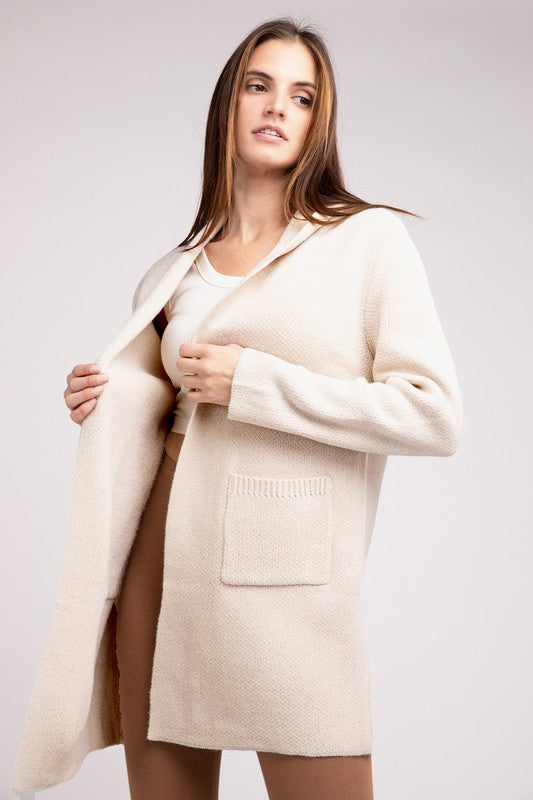 Hooded Open Front Sweater Cardigan - Nexusni