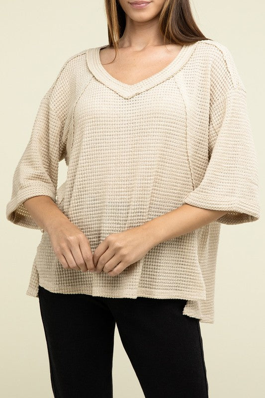 Brushed Waffle Exposed-Seam 3/4 Sleeve Top - Nexusni