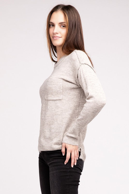 Melange Hi-Low Hem Round Neck Sweater - Nexusni