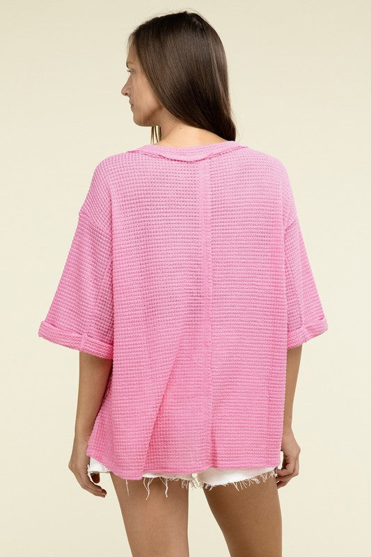 Brushed Waffle Exposed-Seam 3/4 Sleeve Top - Nexusni