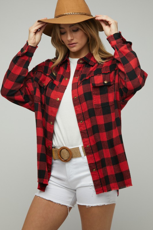 Plaid Embroidered Patch Button Down Jacket - Nexusni