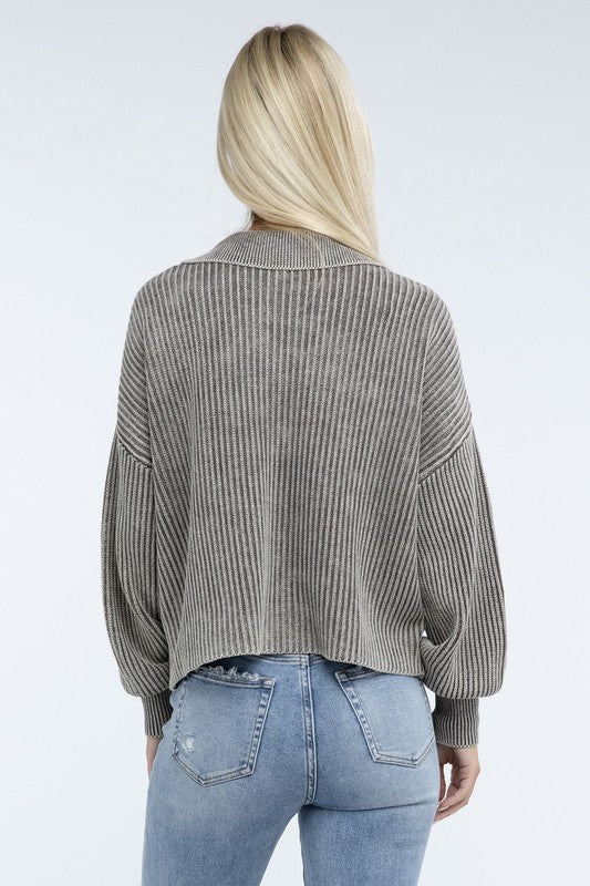 Washed Collared Henley Sweater - Nexusni