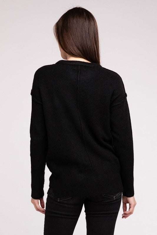 Melange Hi-Low Hem Round Neck Sweater - Nexusni