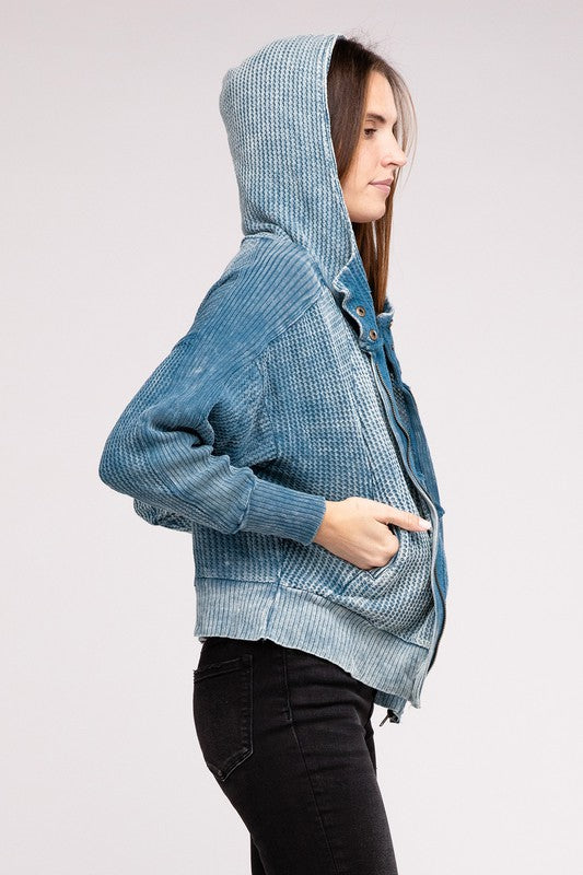 Acid Wash Cotton Waffle Hooded Zip-Up Jacket - Nexusni