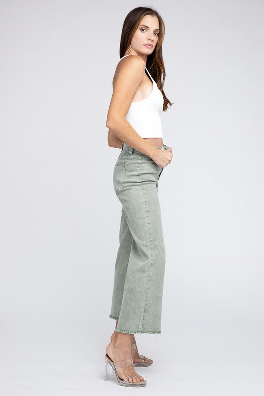 Acid Wash Frayed Cutoff Hem Straight Wide Pants - Nexusni