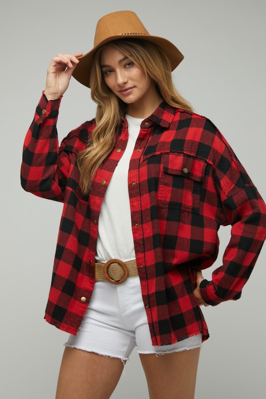 Plaid Embroidered Patch Button Down Jacket - Nexusni