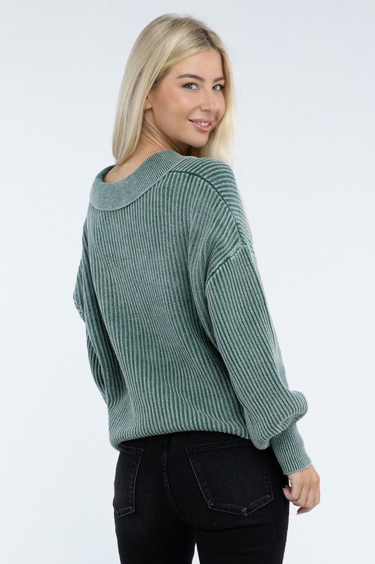 Washed Collared Henley Sweater - Nexusni