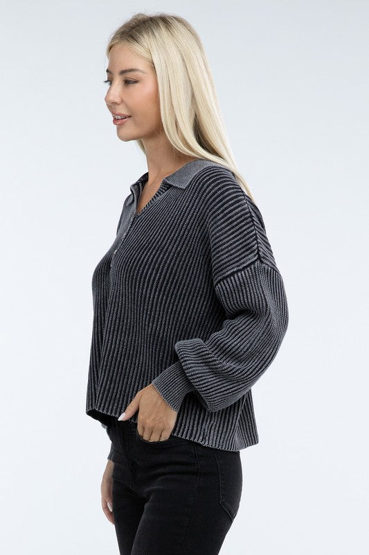 Washed Collared Henley Sweater - Nexusni