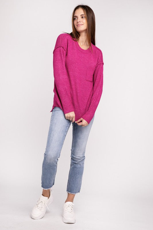 Melange Hi-Low Hem Round Neck Sweater - Nexusni