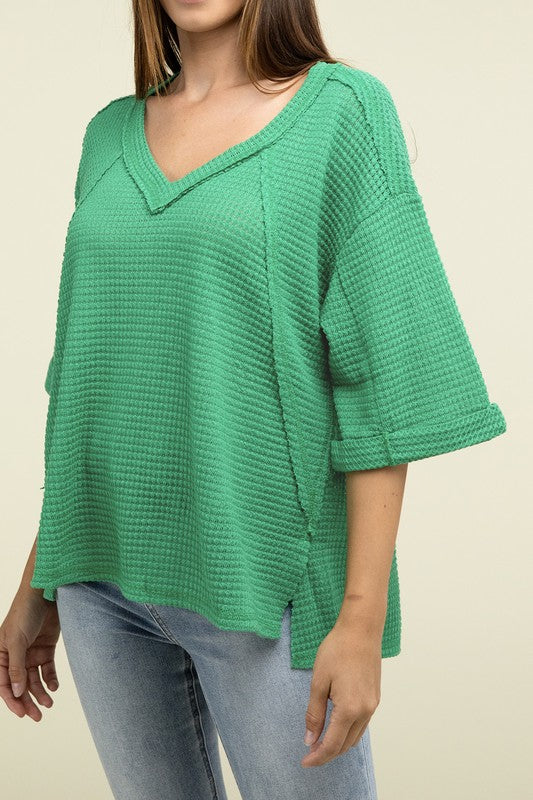 Brushed Waffle Exposed-Seam 3/4 Sleeve Top - Nexusni