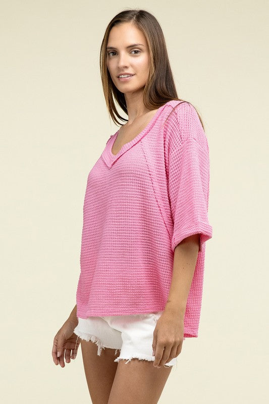 Brushed Waffle Exposed-Seam 3/4 Sleeve Top - Nexusni