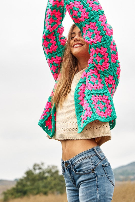 Floral Two-Tone Square Open Knit Crochet Cardigan - Nexusni