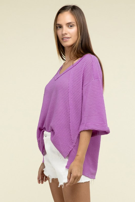 Brushed Waffle Exposed-Seam 3/4 Sleeve Top - Nexusni