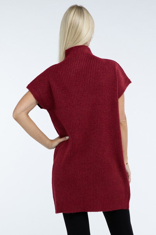 Mock Neck Short Sleeve Sweater Dress with Pocket - Nexusni