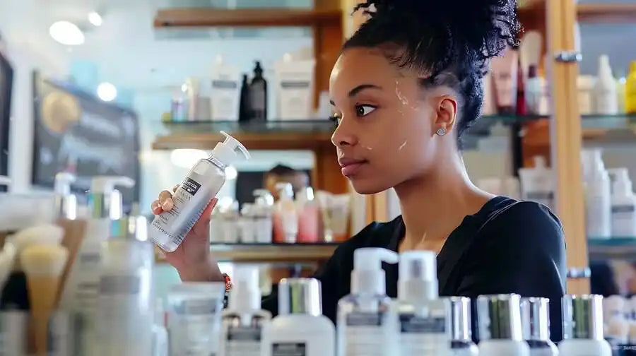 Close-up of a woman holding a bottle of lotion in her hand, showcasing the product in a well-lit setting.