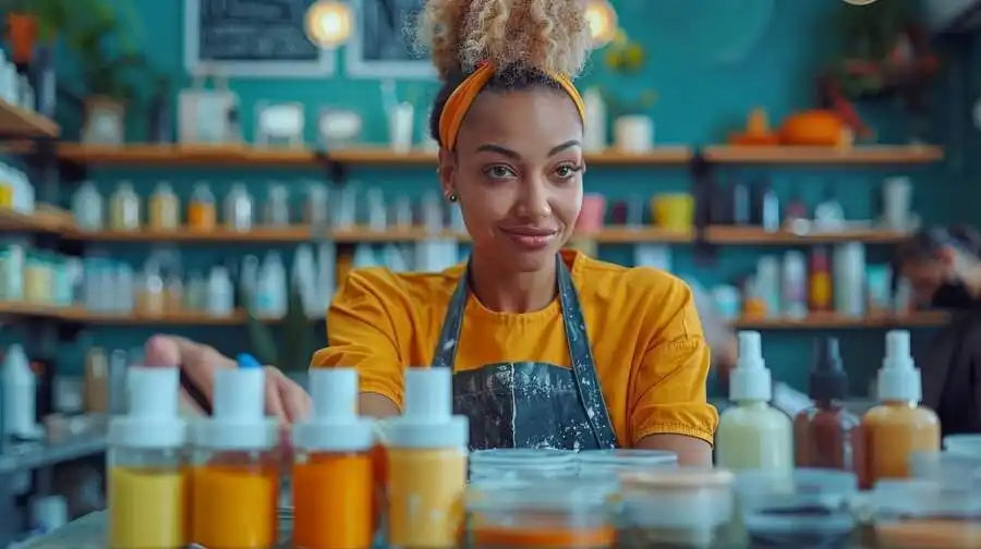 Woman in a yellow shirt smiling behind a counter with various colorful bottles.